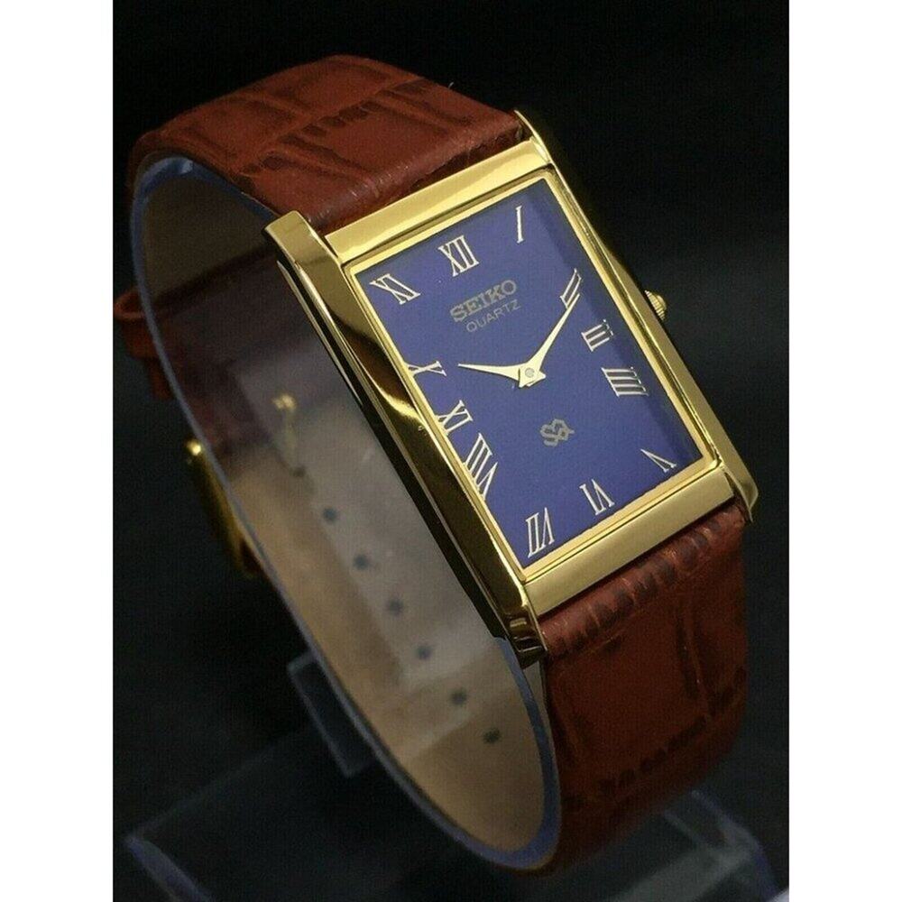 Vintage Style Seiko Quartz Mens Gold Watch & Blue accents W/ Leather Strap